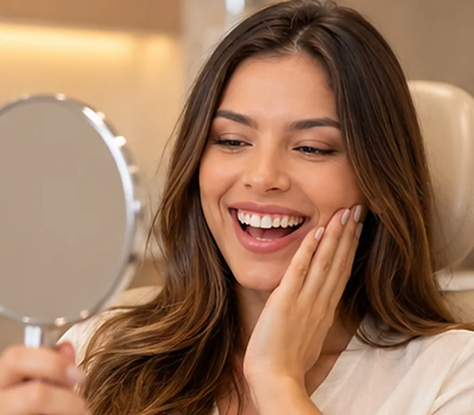 Paciente vendo o próprio sorriso no espelho depois do tratamento
