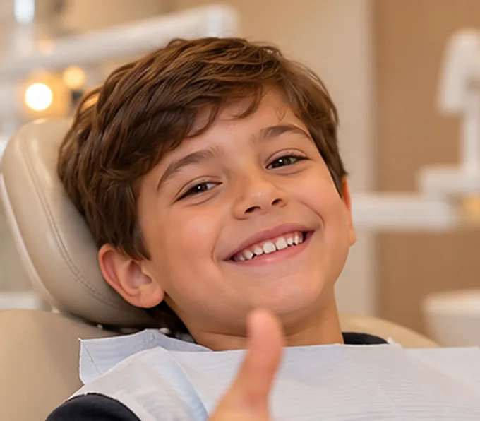 Criança sorrindo na cadeira odontológica, fazendo sinal de positivo